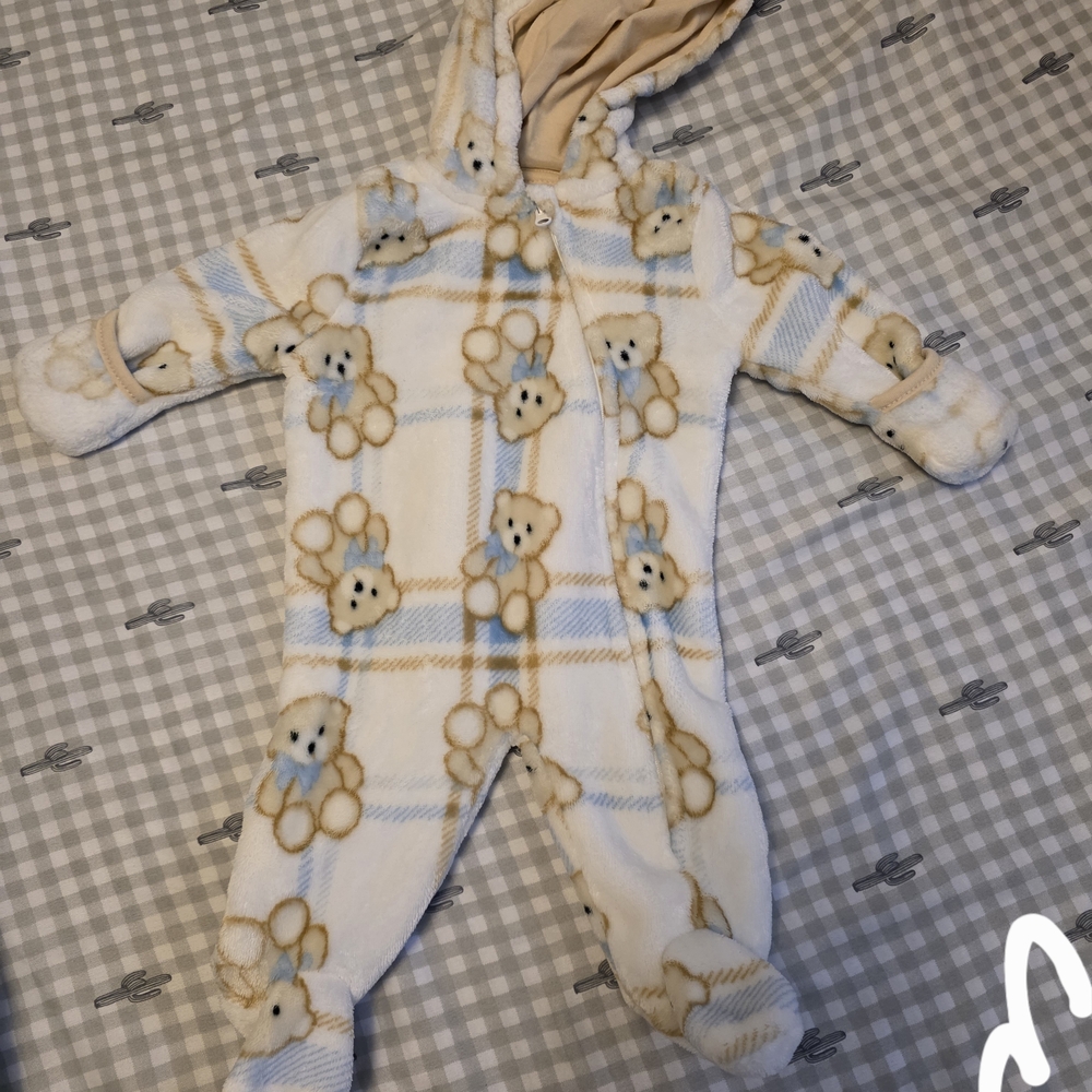 Baby Teddy Fleece One-Piece Jumpsuit - Cream & Light Blue